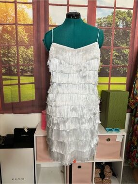 ASOS White Fringe Tiered Mini Dress with Spaghetti Straps